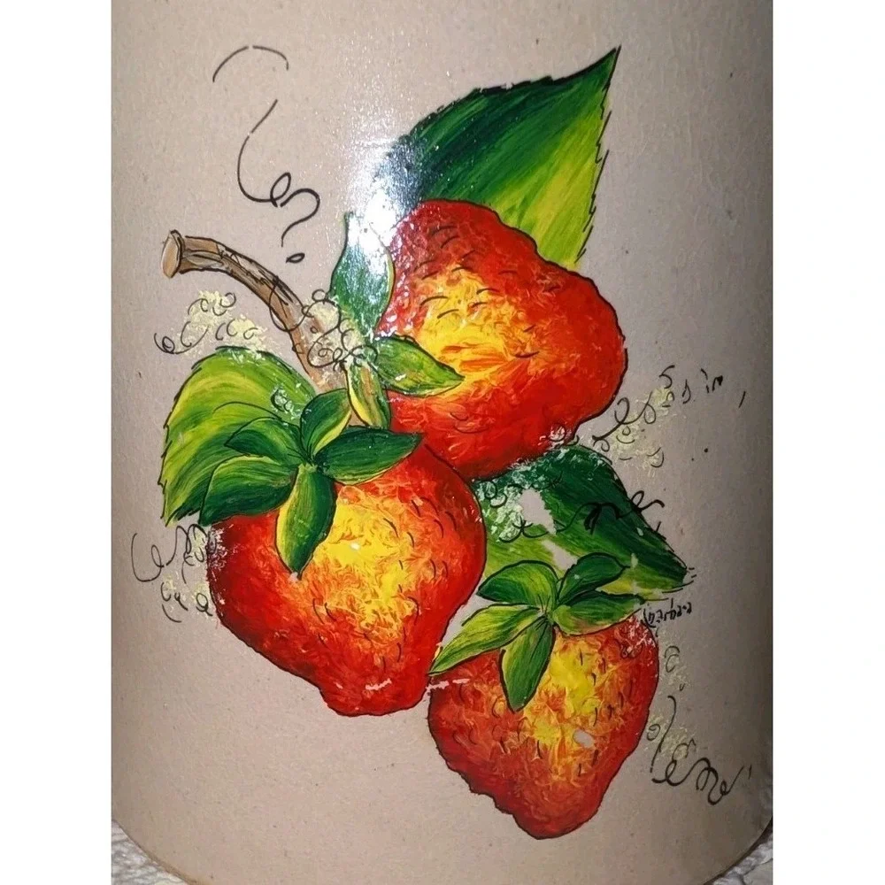 Vintage Strawberry Stoneware Canister Crock with Wooden Lid 6